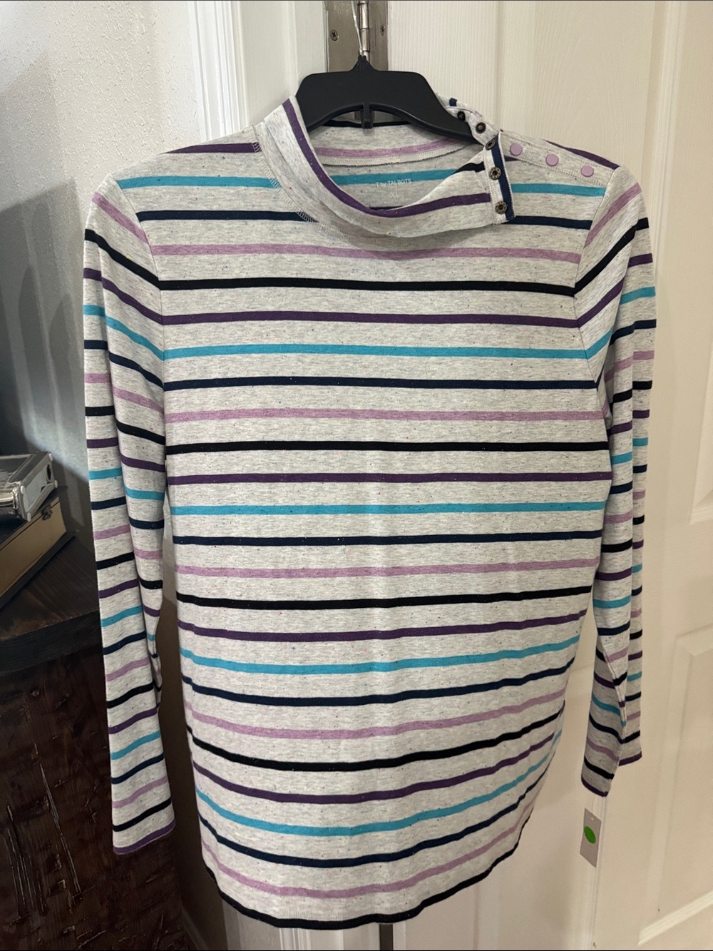 Talbots Grey Long-Sleeve Striped Tee with Blue, Purple & Black Accents